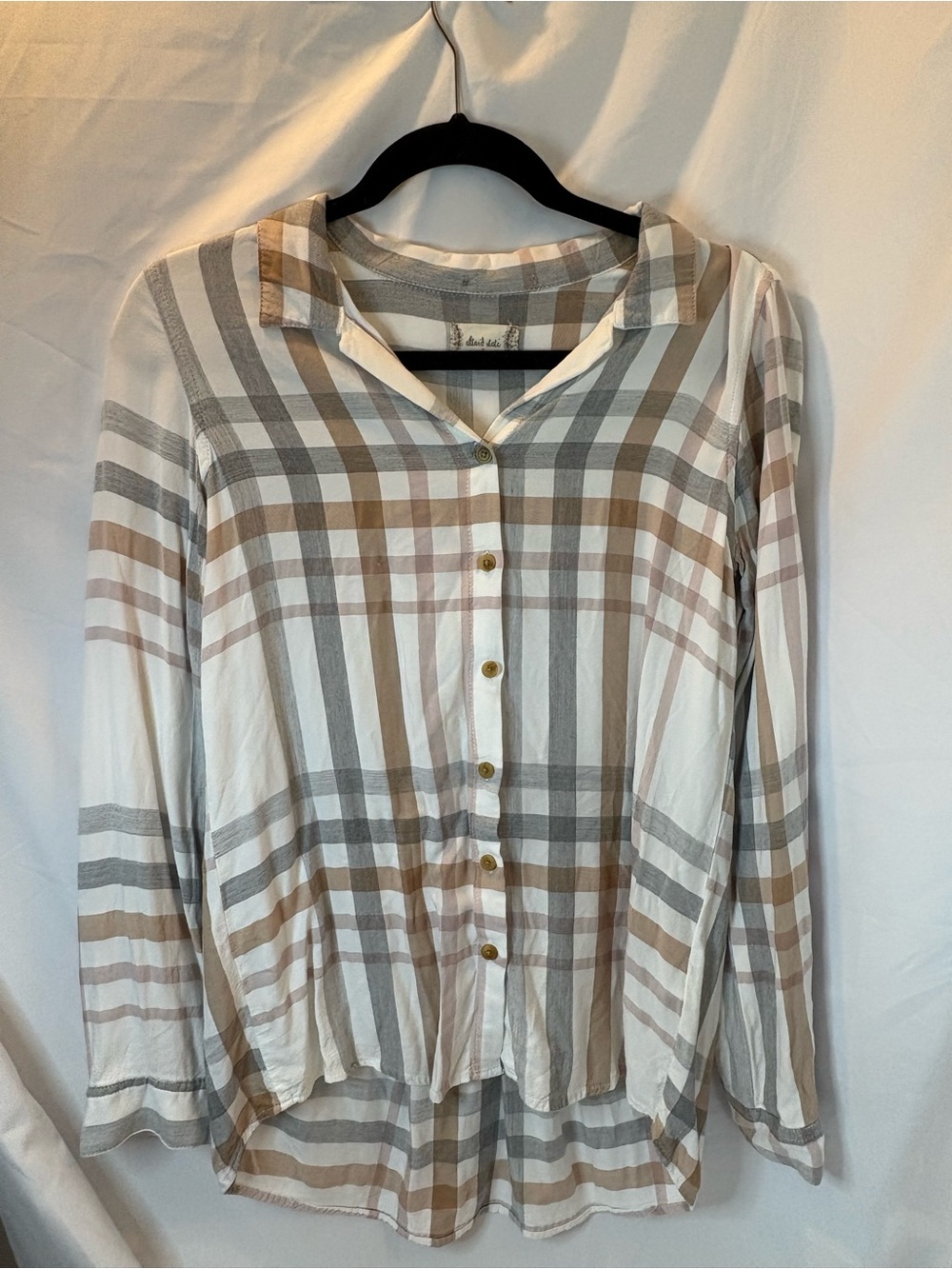 Altar'd State Cream, Tan & Gray Plaid Button-Down Top